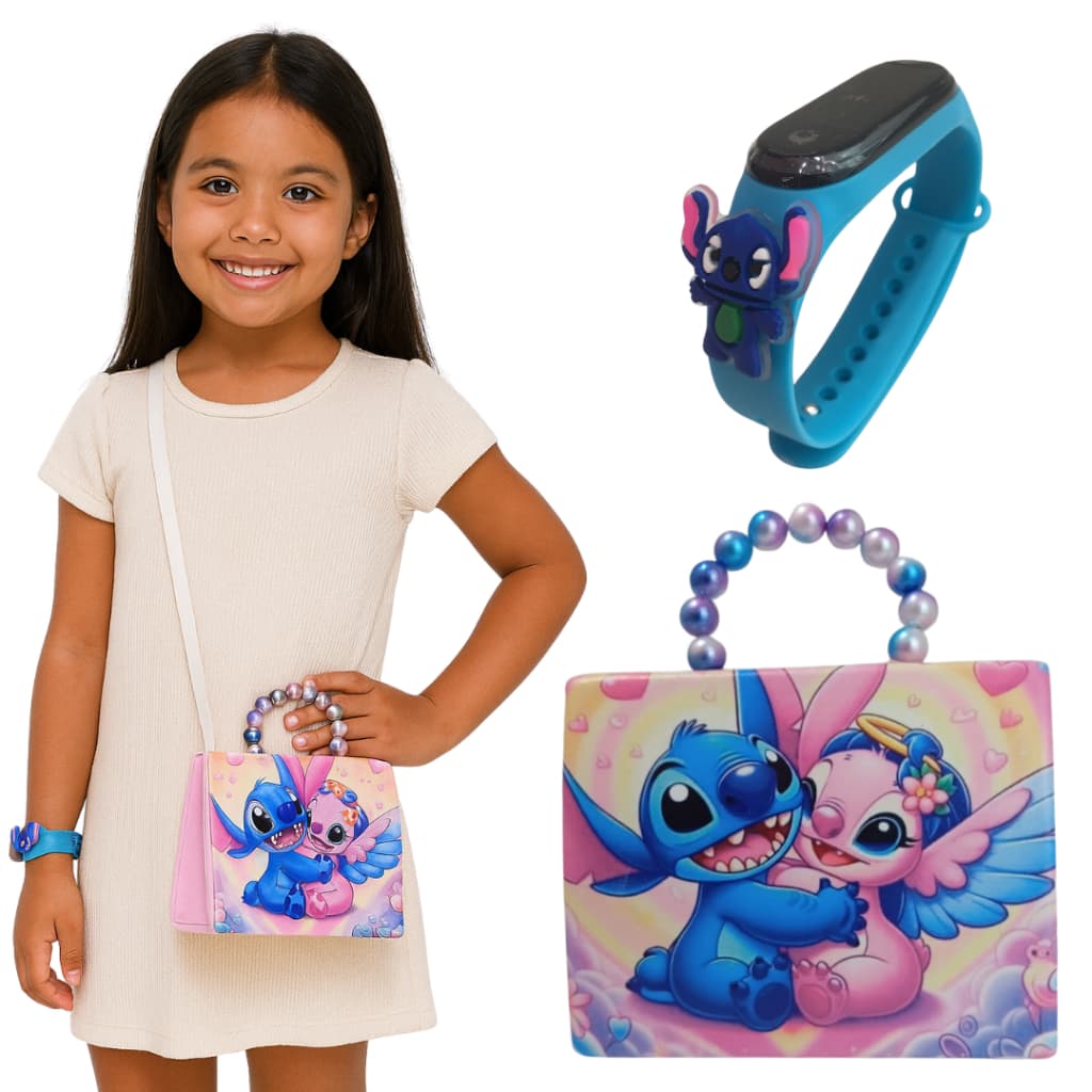 Kit Bolsa Infantil + Relógio Digital Stitch – Menina | Disney Oficial – Data & Hora