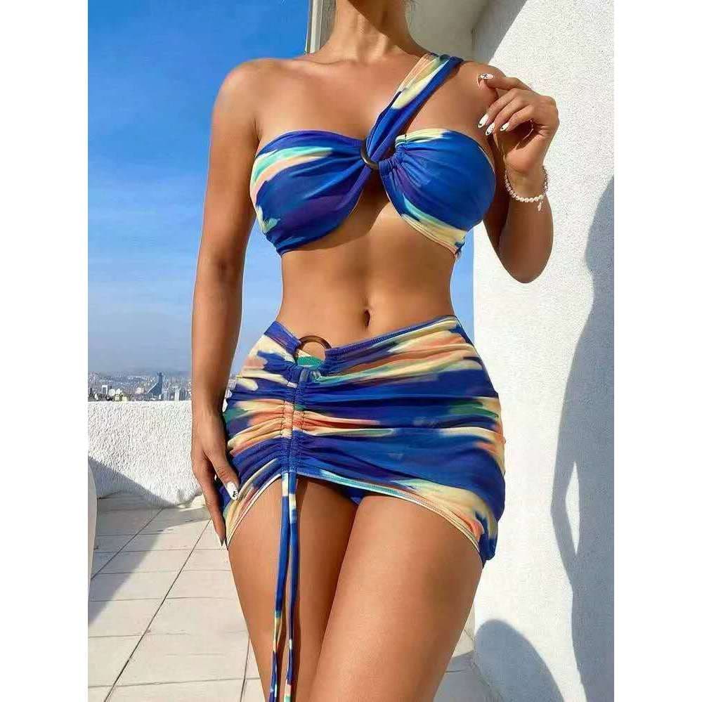 Kits 3 pecas Conjunto de biquini estampado saia tule de amarrar