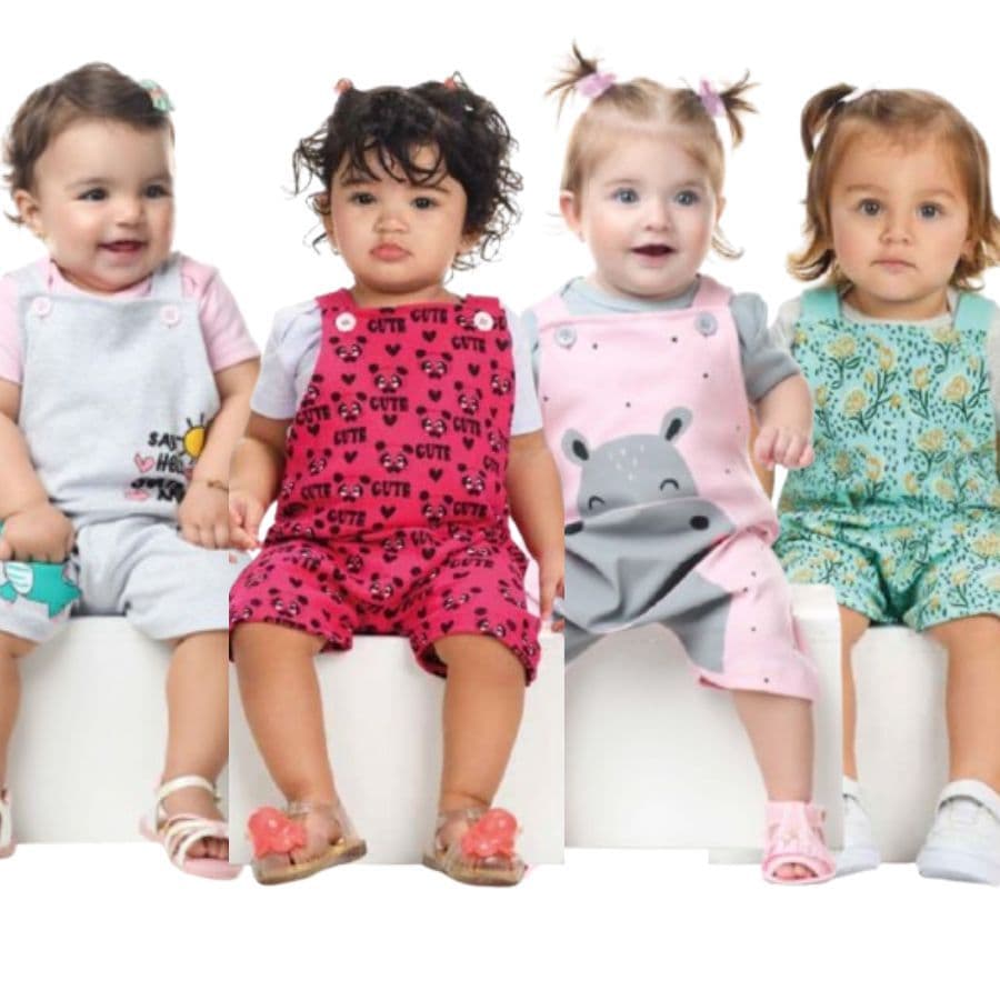 Kit Jardineira 2 Peças - Bebê Menina - Banho de Sol - Macacão Curto - feminino -2 Peças - 100% Algodão - Suedine - Verão