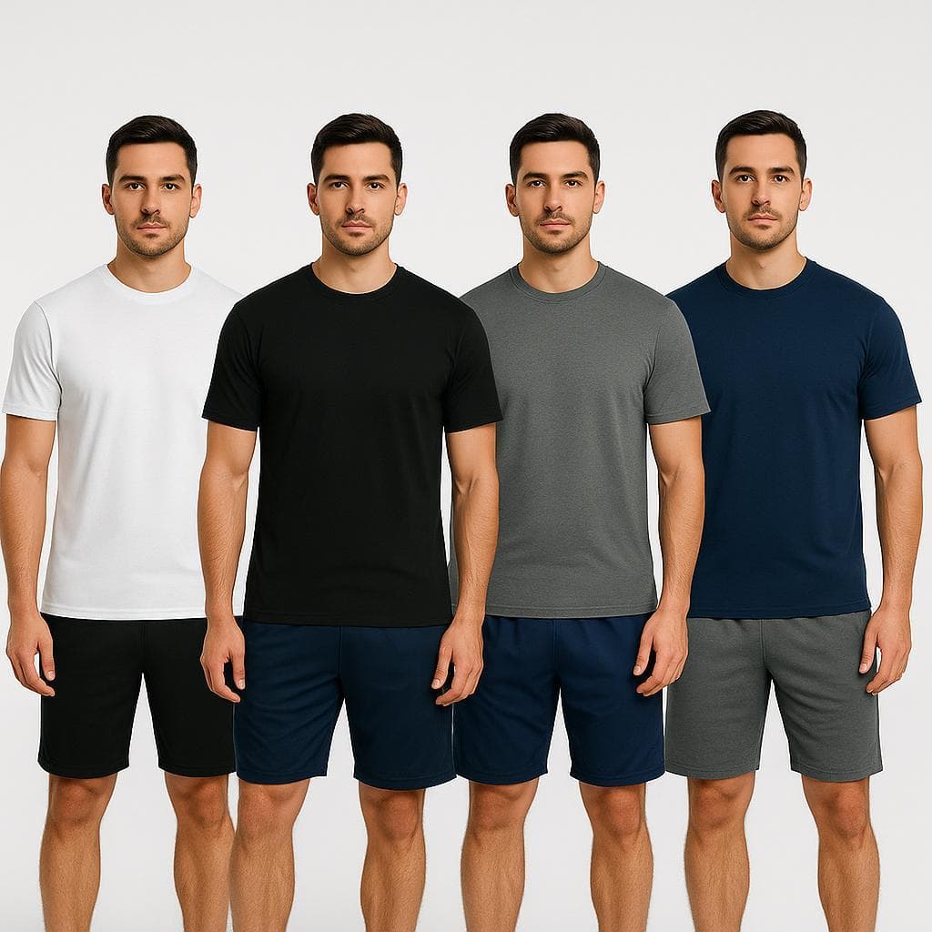 Kit 4 Camisetas + 4 Bermudas Básica Lisa Conjunto Esporte Academia Leve