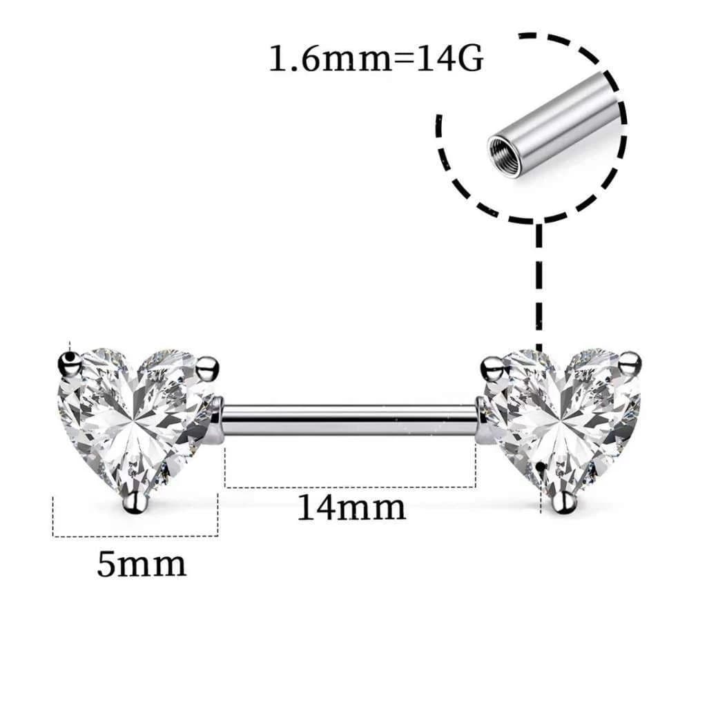 Kit 2 Piercing de  Mamilo Coração Zircônia Aço Inox