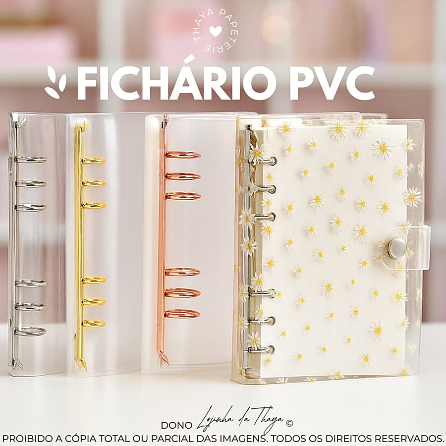 fichário transparente pvc binder plástico maleável prata rose gold dourado margarida glitter A4 A5 A6 A7 e 1 pasta zip