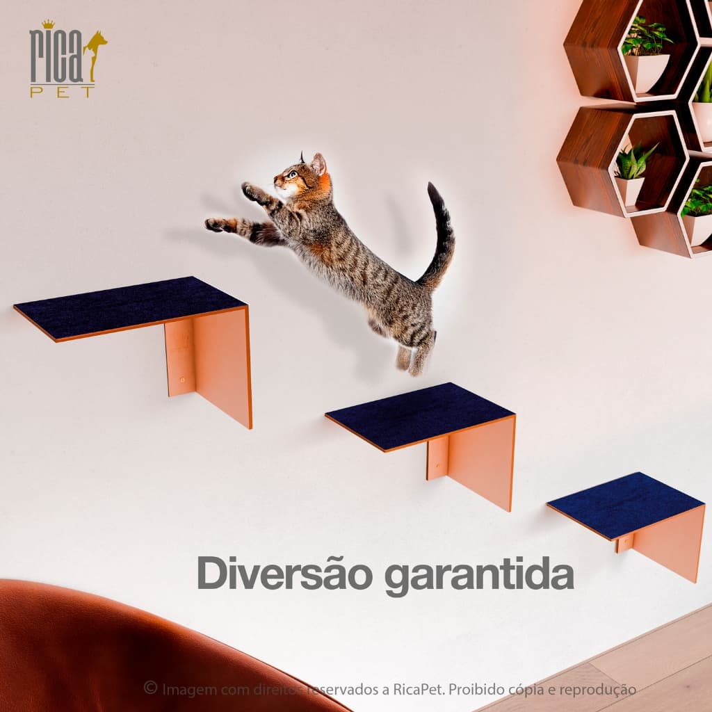 Kit Degrau Gato Brinquedo Arranhador Carpete Playground Parede Nicho
