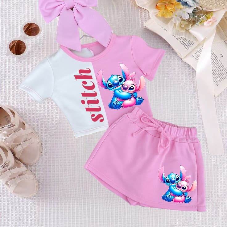 CONJUNTO  ANGEL E STITCH  BLUSA+SHORT SAIA  MODA INFANTIL/JUVENIL