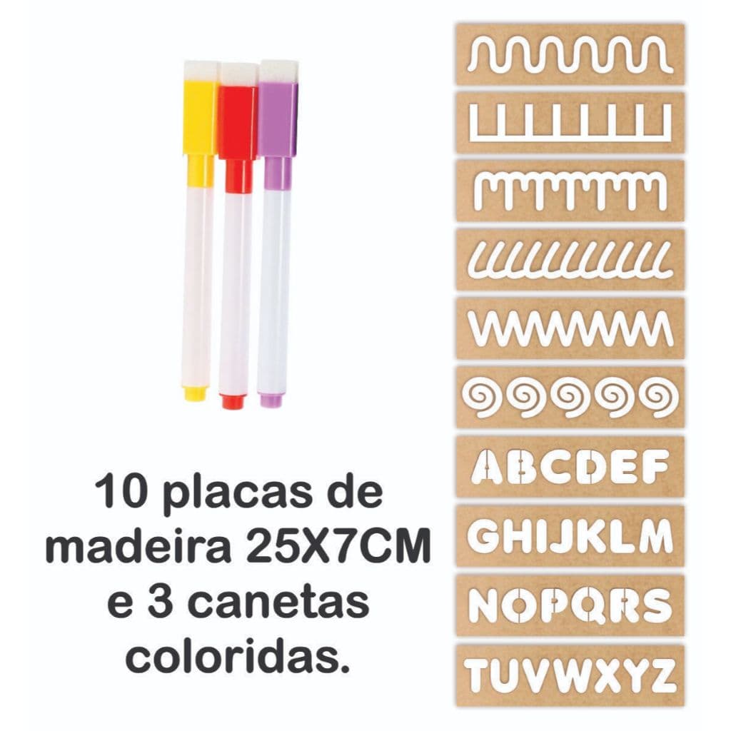 Stencil Linhas Vazadas Pedagógica Coordenação Motora Brinquedo Educativo 10 Placas madeira 3 canetas
