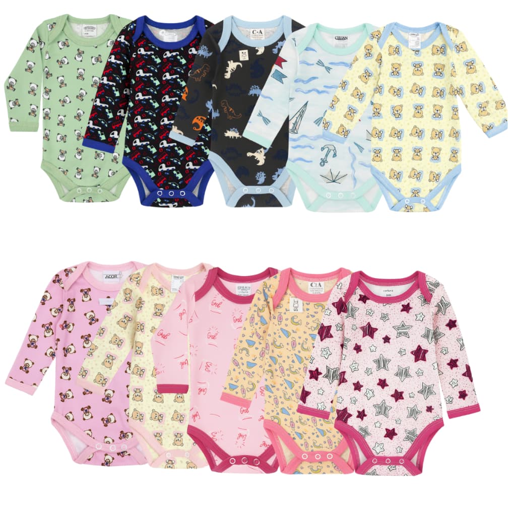 Kit 5 Peças Body Bebê Manga Longa Estampado Tecido Tipo Toque de Pessego
