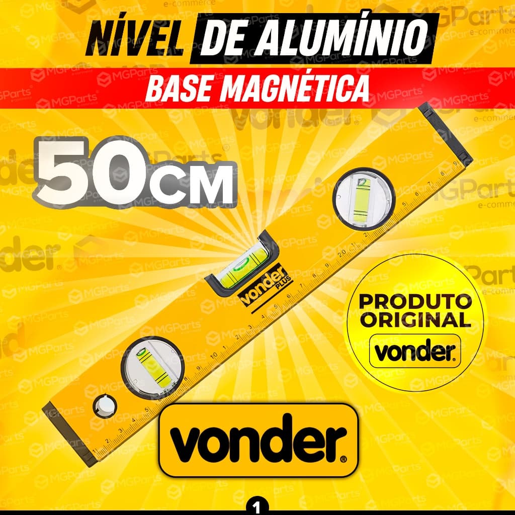 Nível de Alumínio Magnético 50cm Vonder Plus Profissional 3 Bolhas Régua Prumo Obras Construção