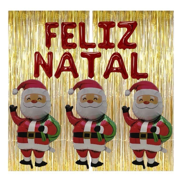 Kit 15 Balões Metalizado Feliz Natal 40cm  + Papai Noel 102cm e 2 Cortina Dourada Decoração Natal