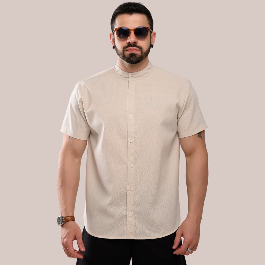 Camisa Masculina Social Manga Curta Gola Padre Casual Linho Elegante