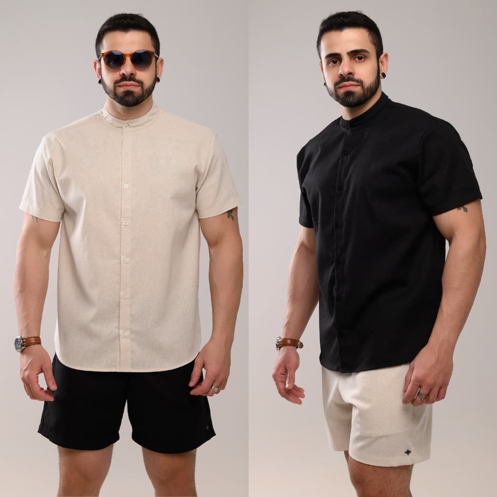 Camisa Masculina Gola Padre Casual Social Estilosa Manga Curta Elegante Linho Leve