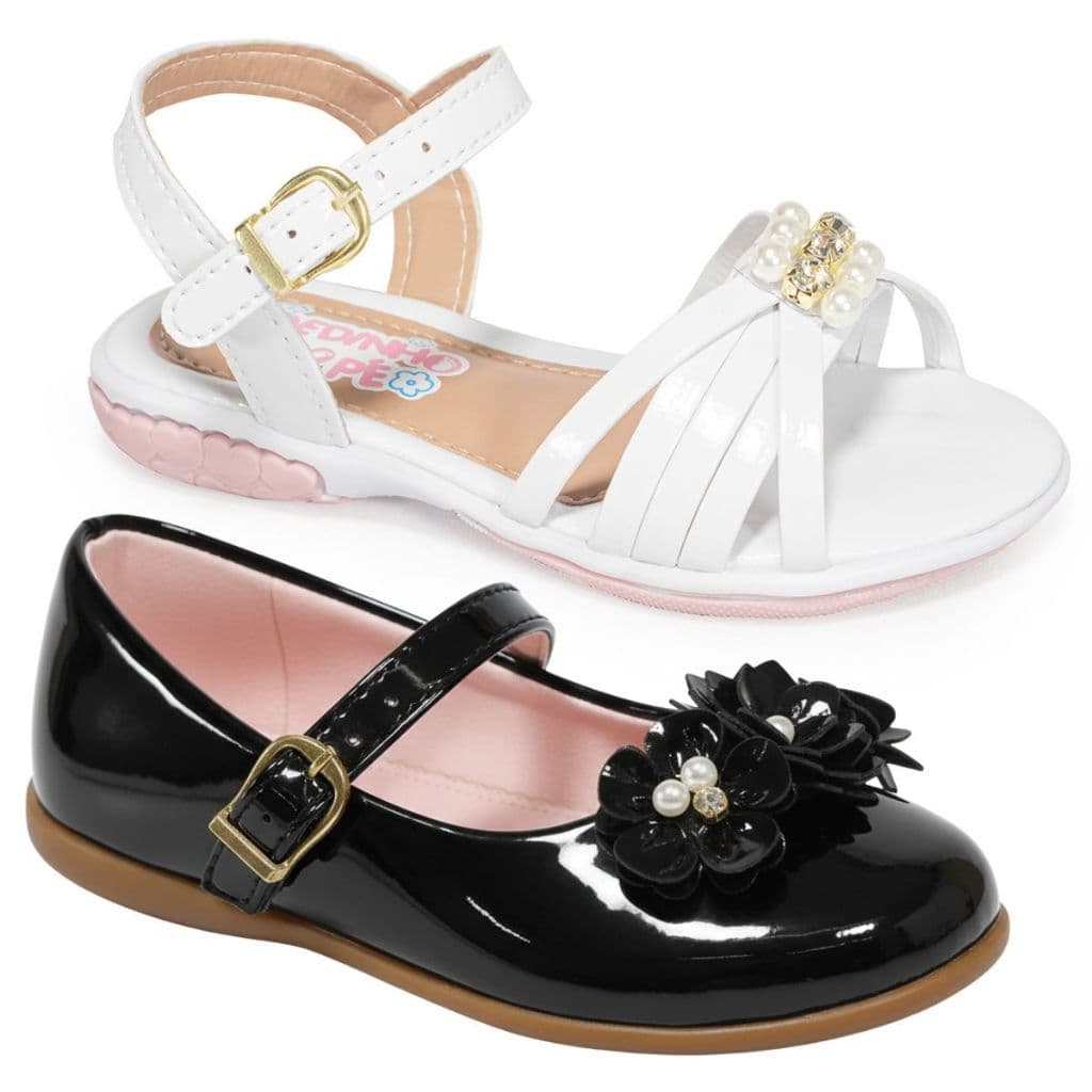 Kit 2 Pares Sandália e Sapatilha Infantil Feminina Casamento Confortável Menina Boneca Delicada
