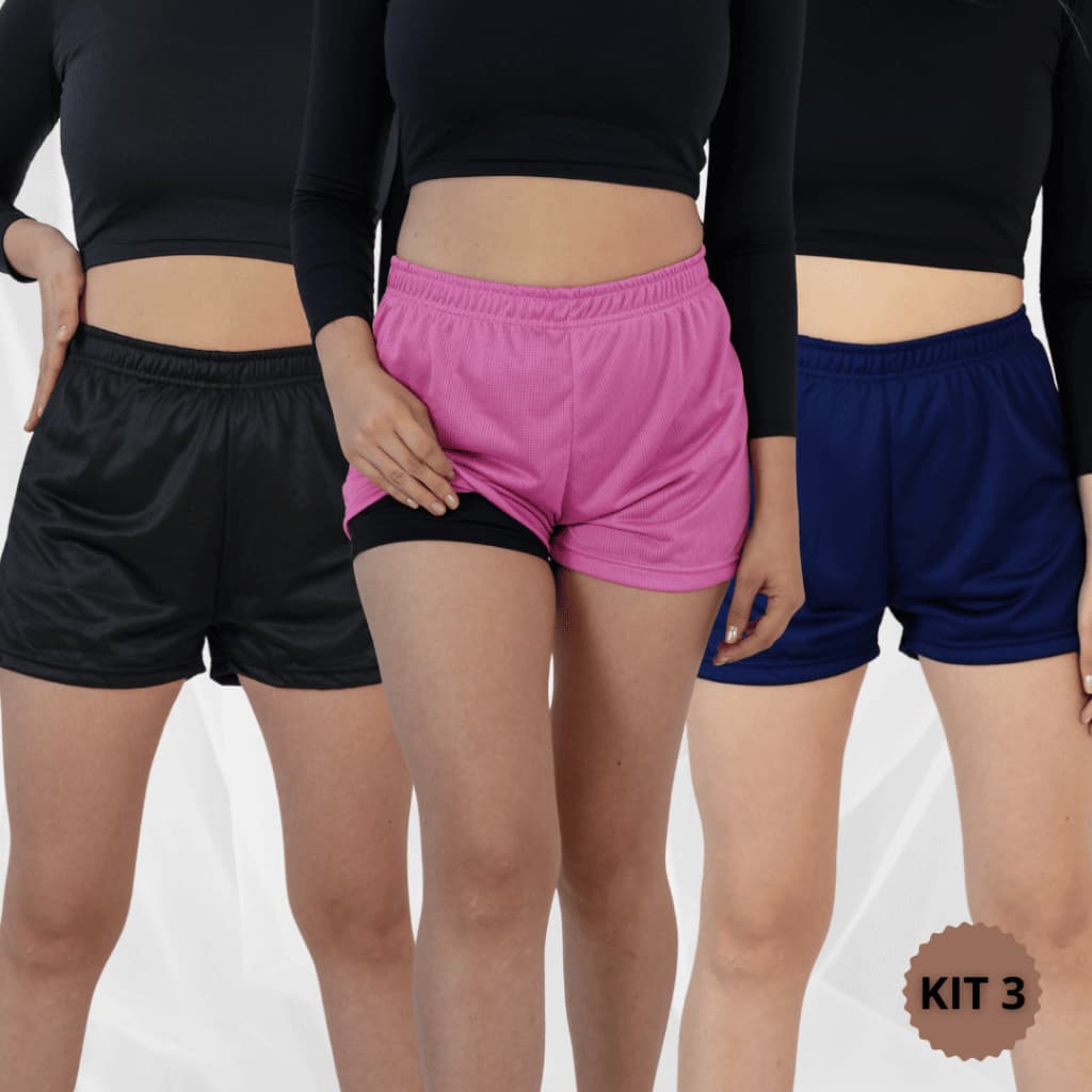 Kit 3 Short Feminino Duplo Academia 2 em 1 Treino Corrida