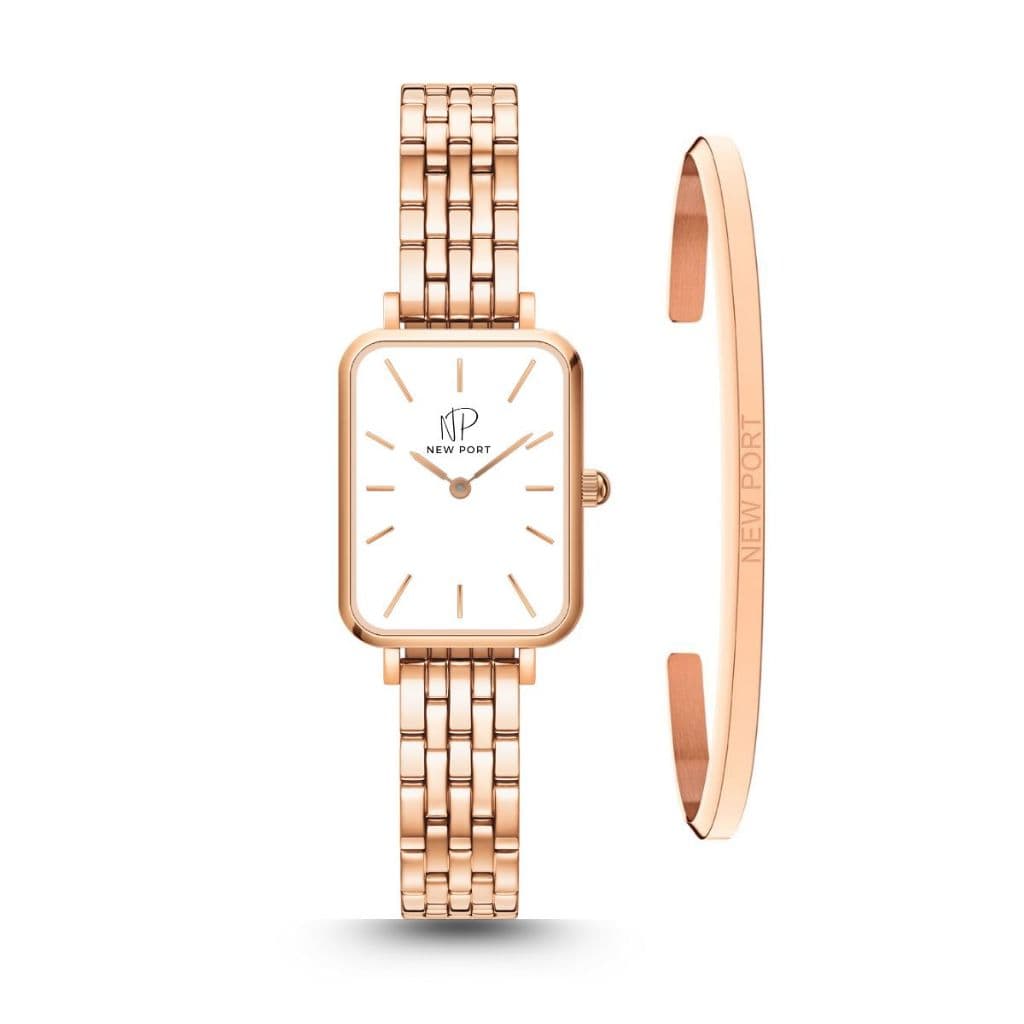 Relógio Feminino Quadrado Analógico Elegante + Bracelete Rosé New Port