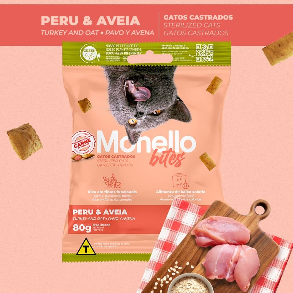 Ração Monello Bites para Gatos Adultos – Sabor Frango e Cereais | Alimento Crocante e Nutritivo