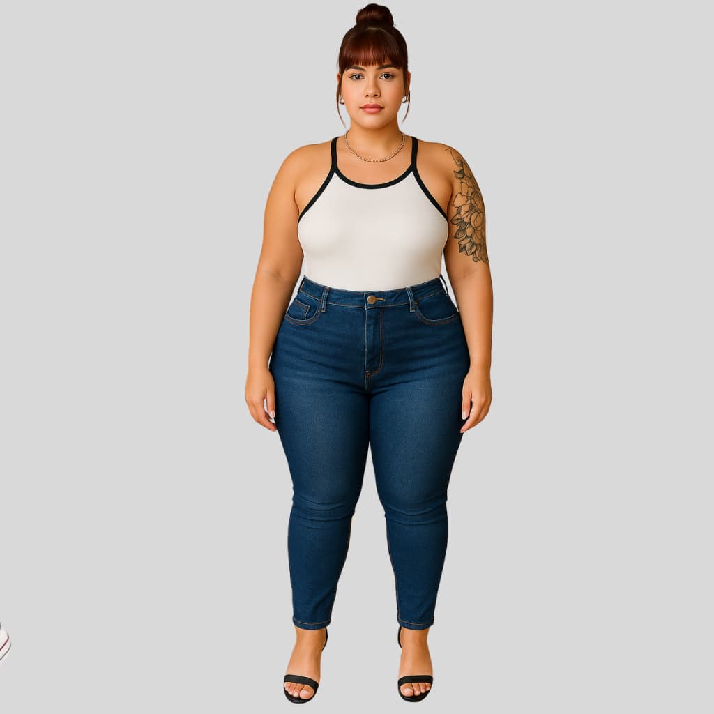 Calça Jeans Plus Size Feminina Skinny Com Lycra Cintura Alta