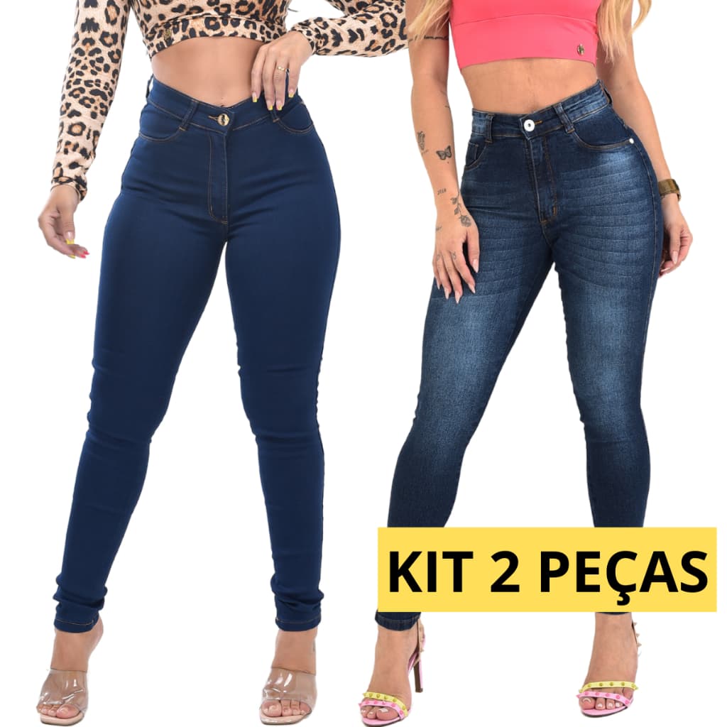 Kit 2 Calças Feminina Cintura Alta Jeans com Lycra Levanta Bumbum