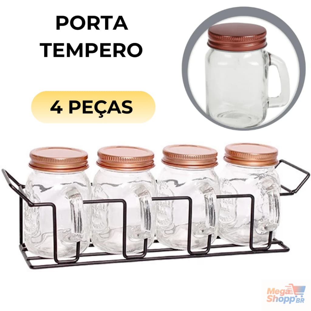 Porta Temperos 4 Unidades 120ml com Suporte Organizador de Vidro e Metal para Cozinha