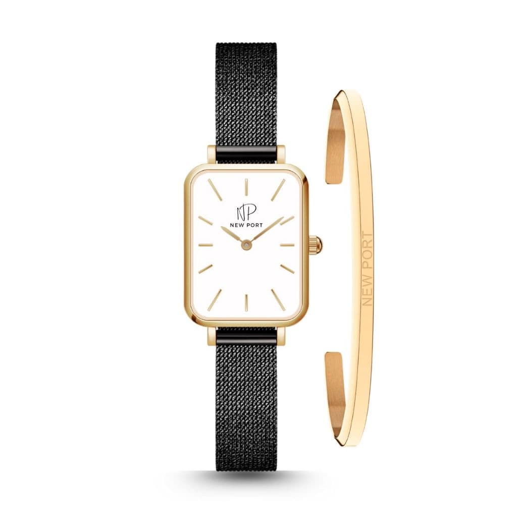 Relógio Feminino Quadrado Dourado + Bracelete Ajustável