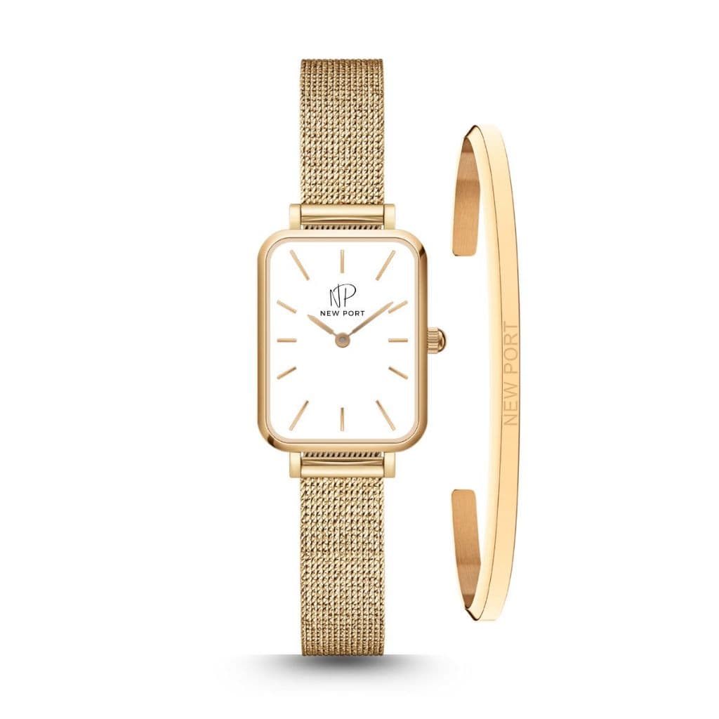 Relógio Feminino Quadrado Dourado Casual Elegante + Bracelete New Port