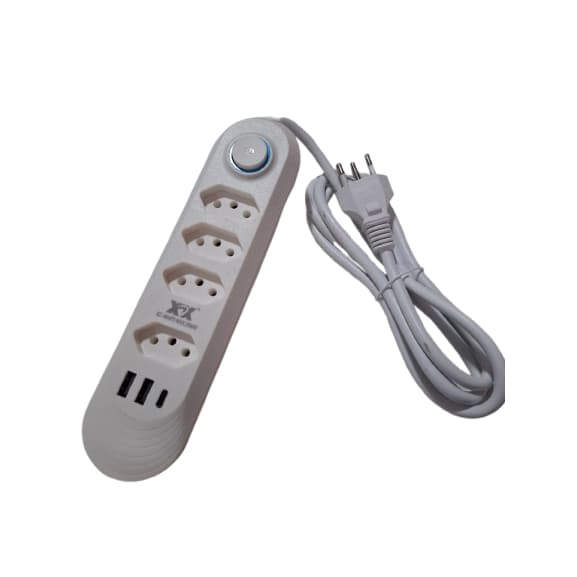 Extensão Cabo 2 Metros 4 Tomadas 2 USB E 1 Tipo C Bivolt Cor Branco