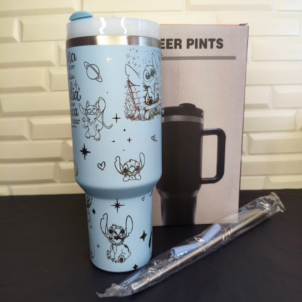 Copo Térmico Personalizado 1200ml – Lilo Stitch azul bebê com Gravação 360° a Laser. Com canudo inox e tampa.