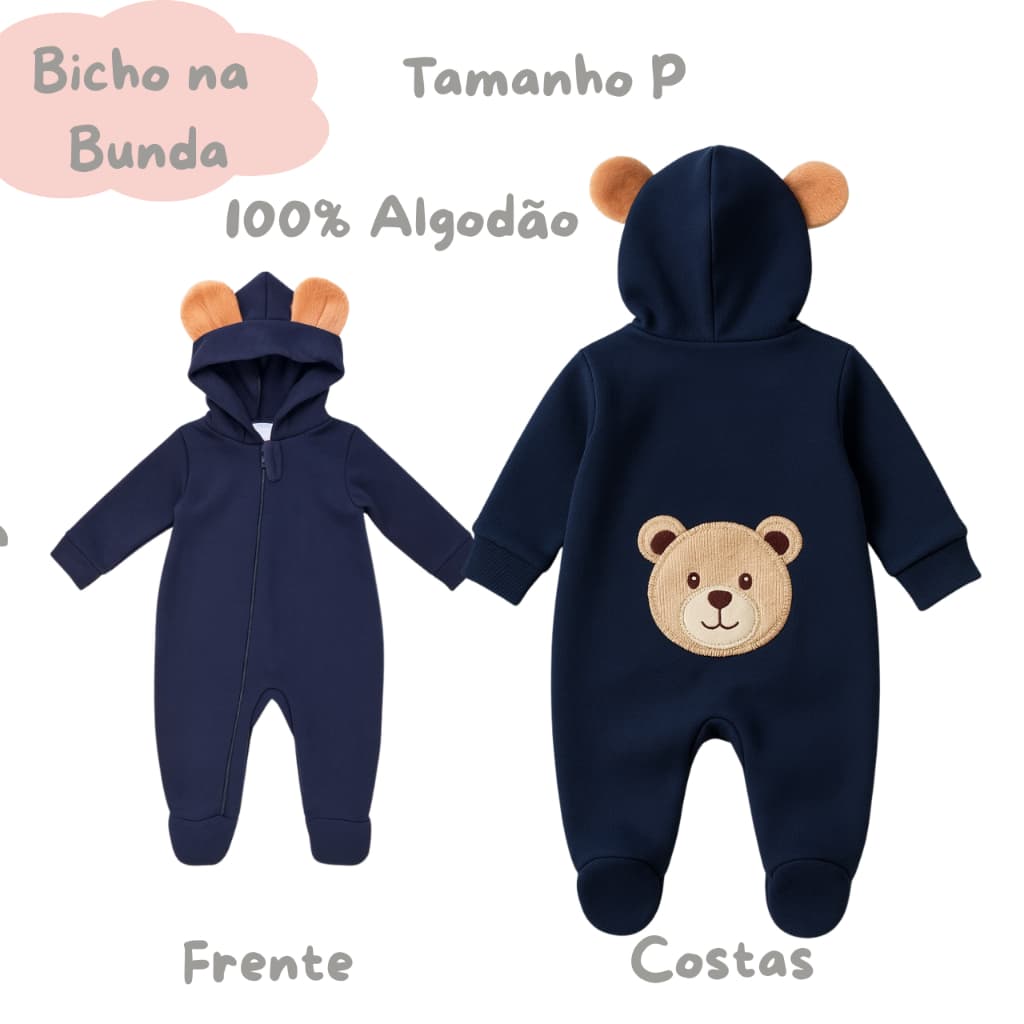 Macacão para bebê Manga Longa de Urso com Capuz Bicho na Bunda Menina e Menino