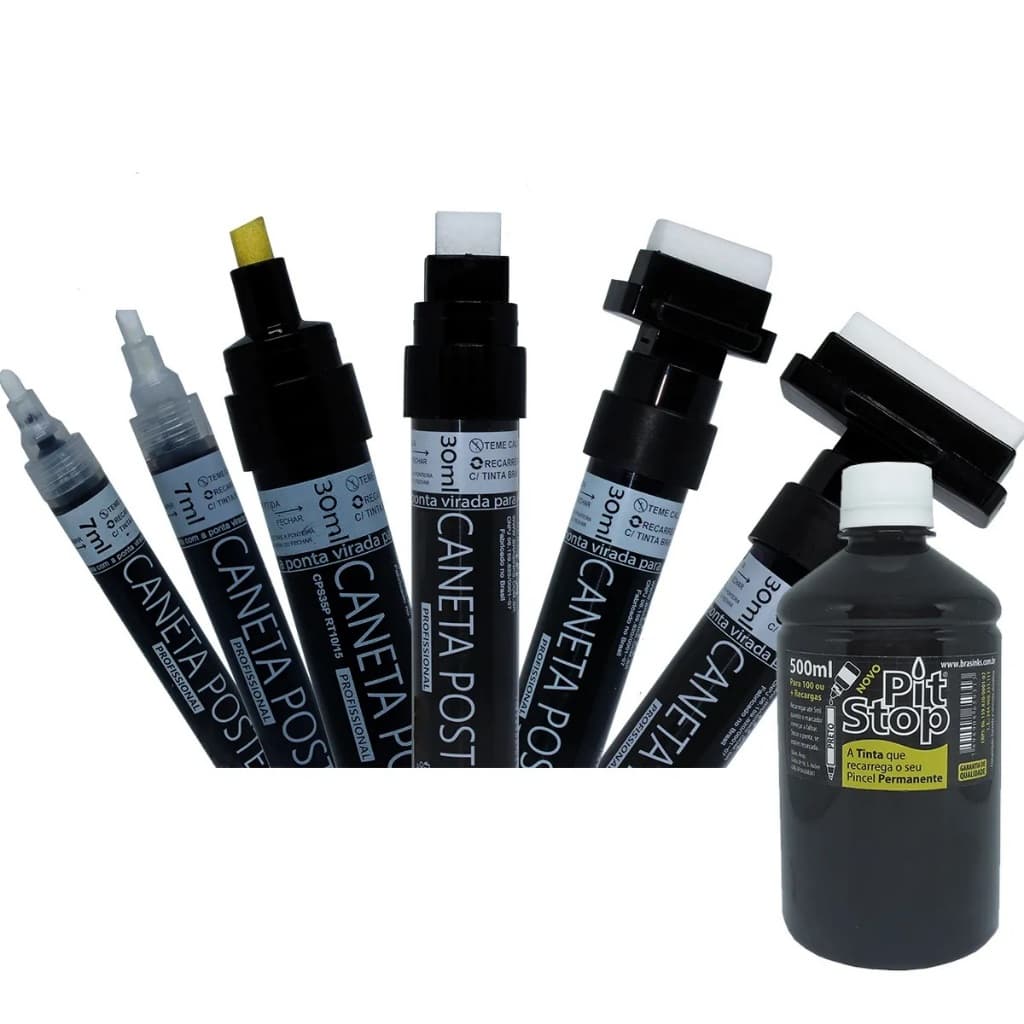 Kit 6 Canetas Poster Titã Permanente recarregáveis (2 a 50mm) + 500ml de tinta permanente Pit Stop