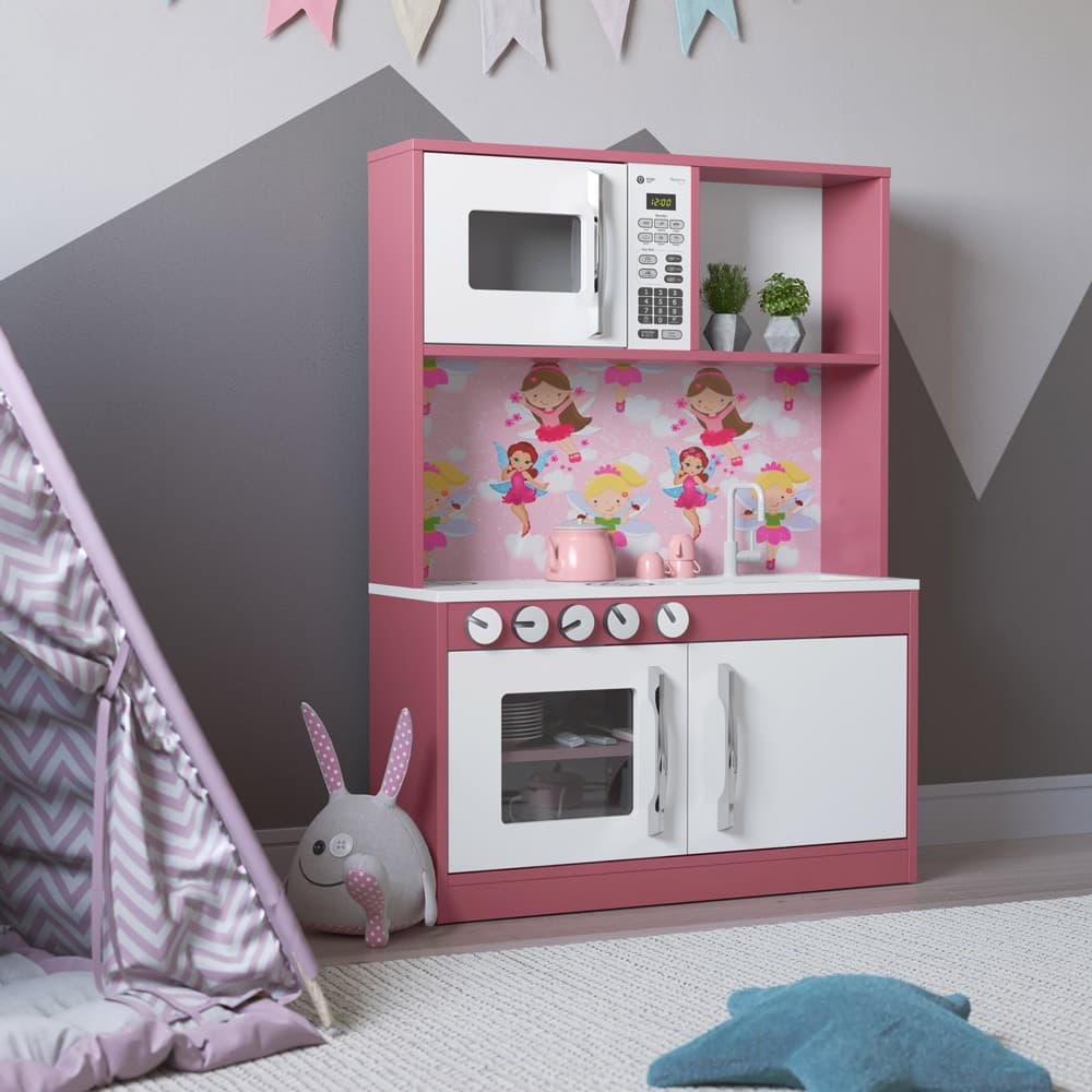 COZINHA INFANTIL COM FOGÃO EM MDF BRINQUEDO CRIANÇA INFANTIL FADAS DIANA BRANCO/ROSA