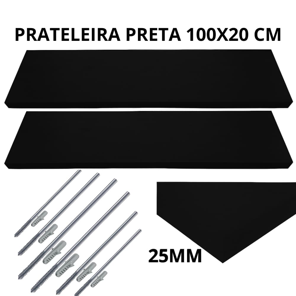 Kit 2 Prateleiras MDF Preto 100x20cm Espessura 25mm Suporte Invisível Prateleira de Parede Luxo Envio Imediato