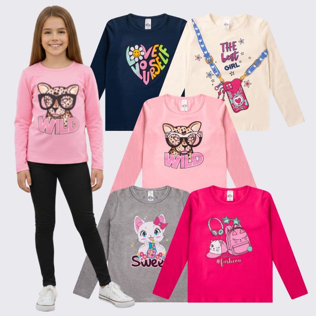 Kit 5 Camisetas Manga Longa Infantil Menina Inverno Algodão
