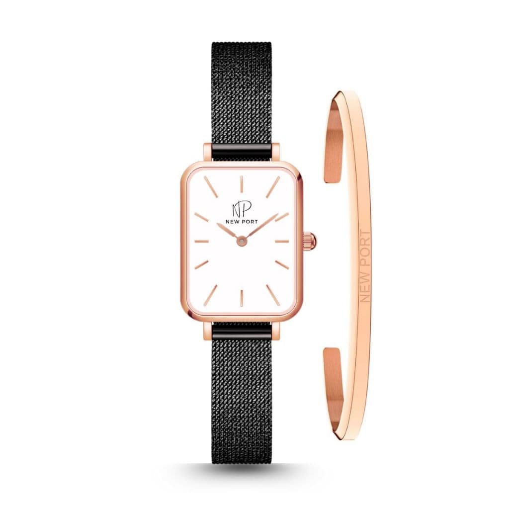 Relógio Feminino Quadrado De Pulso Delicado Casual New Port Original + Bracelete Ajustável Ouro Rosé