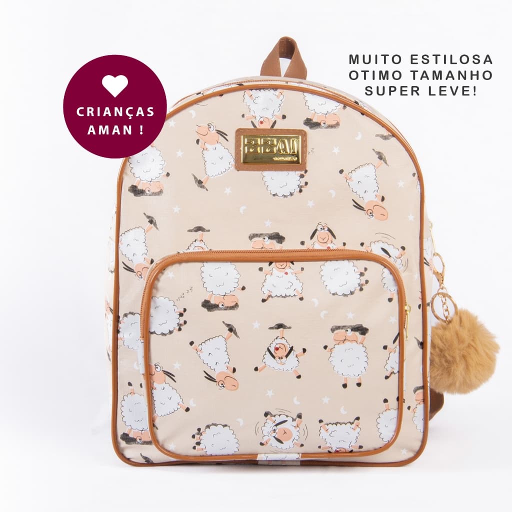Mochila Maternidade Ovelhinhas Bolsa de Costas Passeio Creche Escola C/POM POM