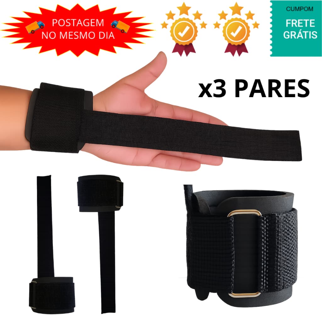 3 Pares Strap Academia musculação crossfit tala fita munhequeira 100% algodão preto