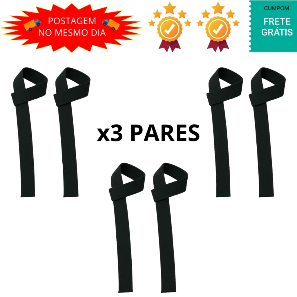 3 Pares Tala Strap musculação academia preto fita treino costas