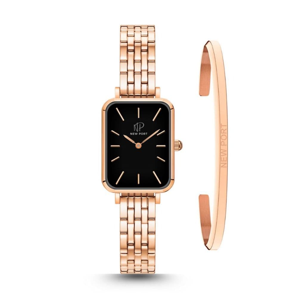 Relógio Feminino Quadrado Elegante Rose Casual New Port + Bracelete Rosé