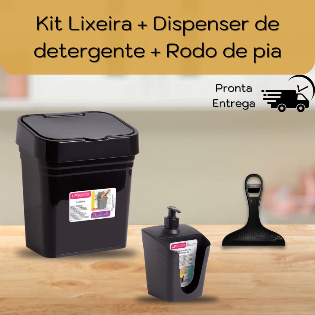 Kit Lixeira de Pia 2,8L, Dispenser para detergente 610 ml e Rodo LP House