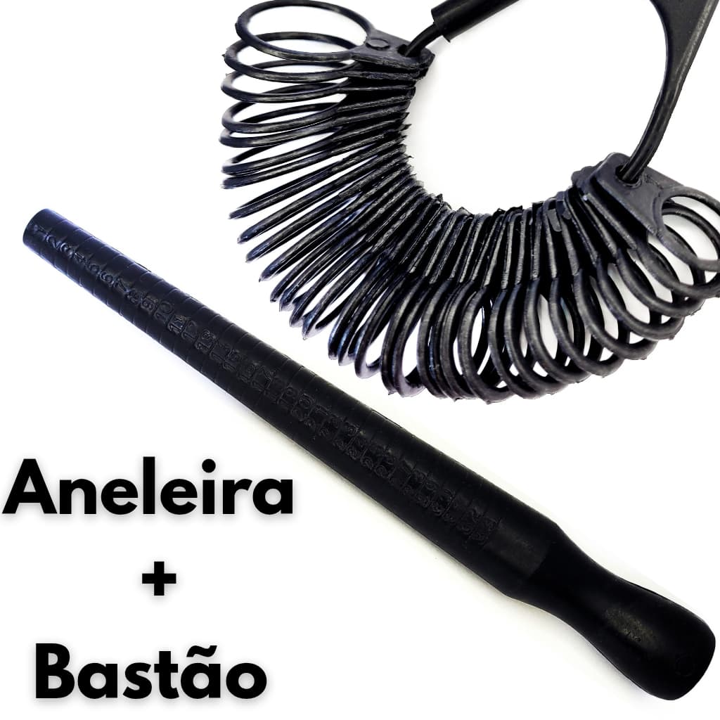 Kit Medidor de Anel Aneleira + Bastão Pau Mandril Medidora Plástica Dedo Aneis Preto