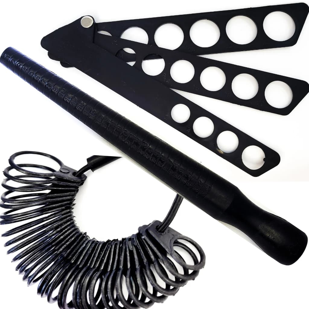 Kit Medidor de Anéis - Aneleira + Bastão + Régua Leque Tamanho 1 ao 33 Plástica Medidora Preto
