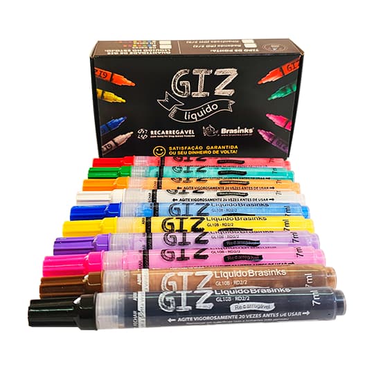 Estojo com 10 cores de Giz Líquido Recarregável, Ponta Redonda (traço de 2mm)