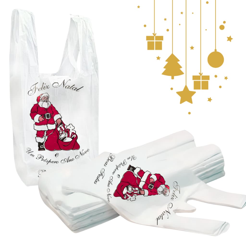 Pacote Sacolas Plásticas Branca 36x50 Feliz Natal Papai Noel Festas 4 kg Com 450 Unidades