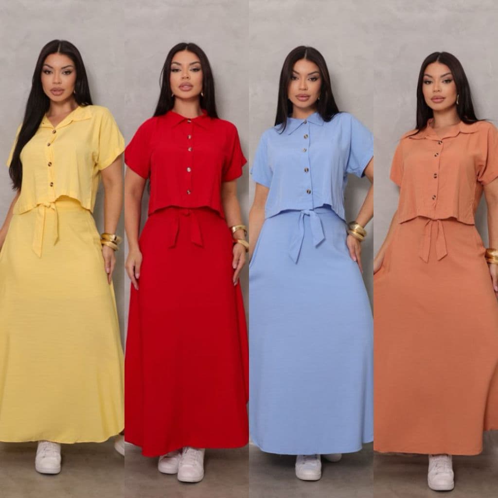 Conjunto Feminino Alfaiataria Cropped e Saia Longa Meia Lua com Fenda Moda Evangélica Elegante Premium