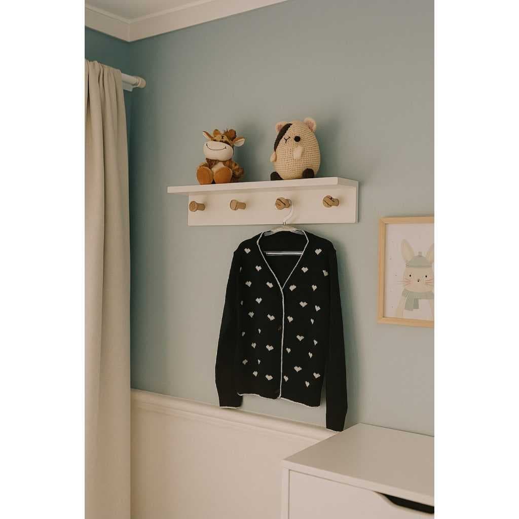 Cabideiro Pendurador De Roupas e Acessórios Quarto Infantil Com Prateleira 50x10 - MDF Branco com 4 pinos