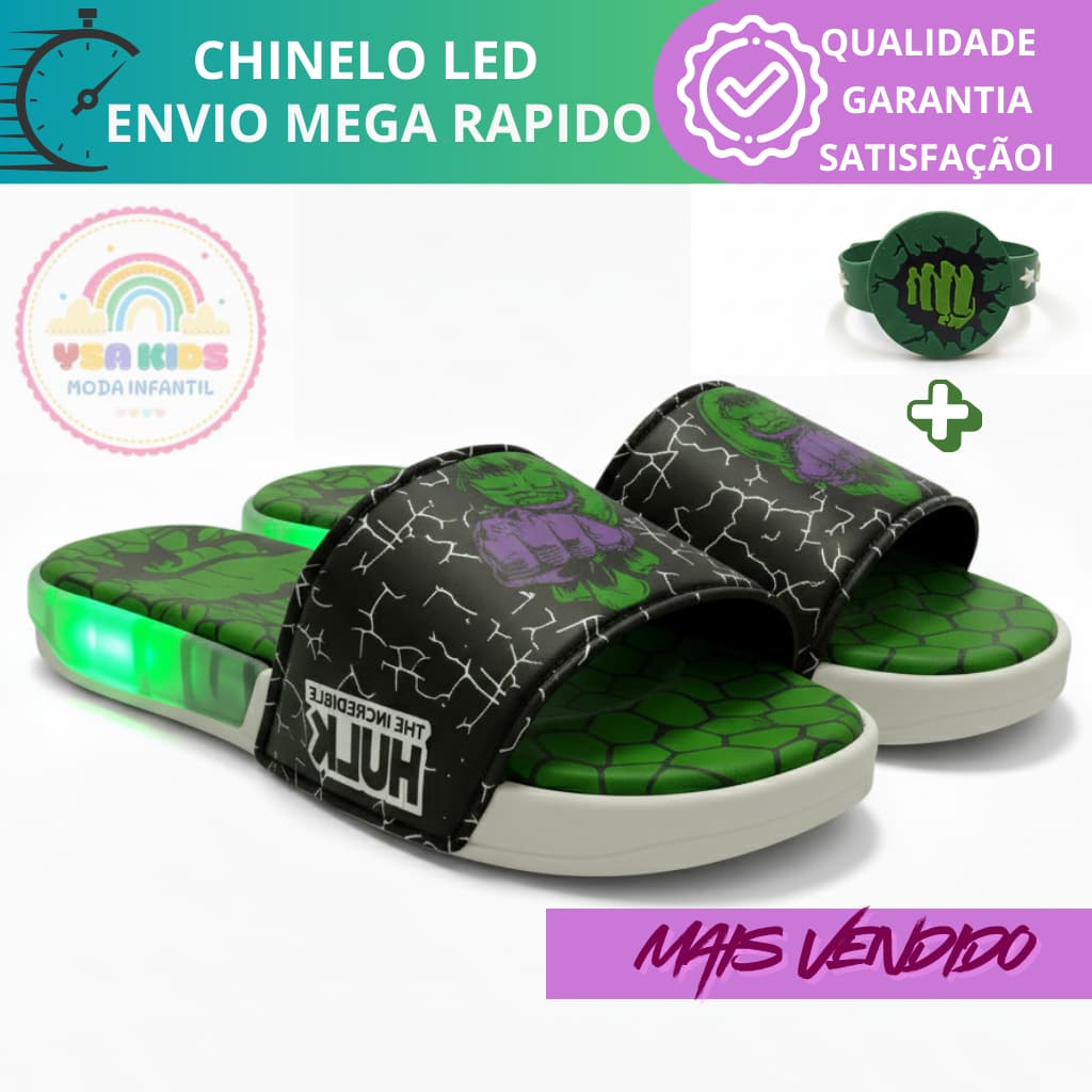 Chinelo Infantil Led Personagem Hulk Envio Rápido + Brinde Masculino e Feminino Promoção