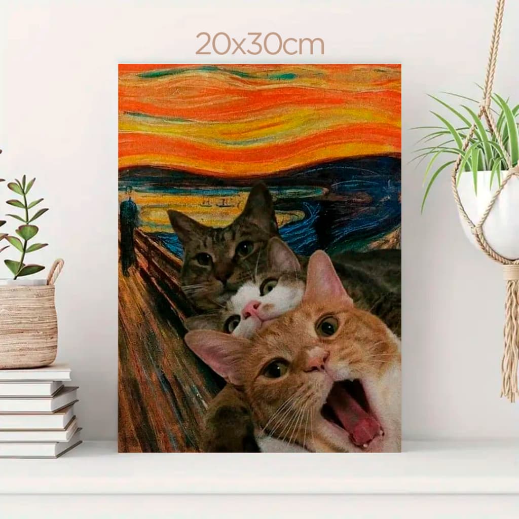 Quadro Decorativo Banheiro Divertido - Gato na Arte O Grito Humor Criativo Meme Sala Quarto