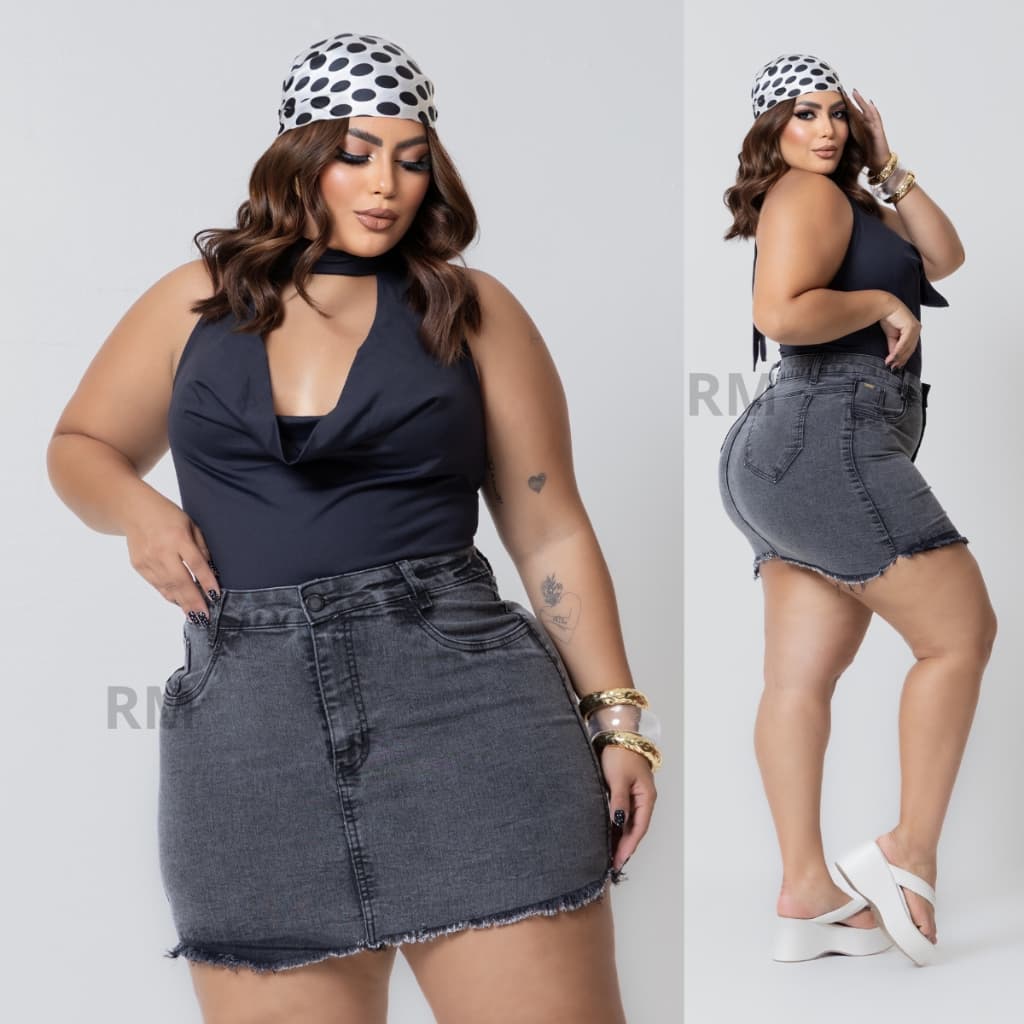Saia Jeans Feminina Curta Plus Size Com Lycra Cintura Alta Barra Desfiada