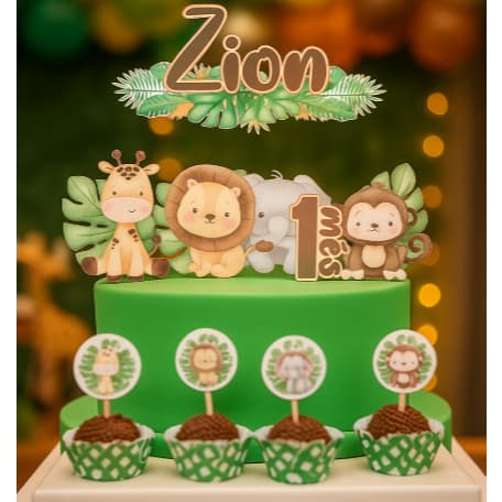 ENVIO RÁPIDO Topo de Bolo Personalizado Chá de Bebê Mesversário Aniversário Topper Safari + Tags