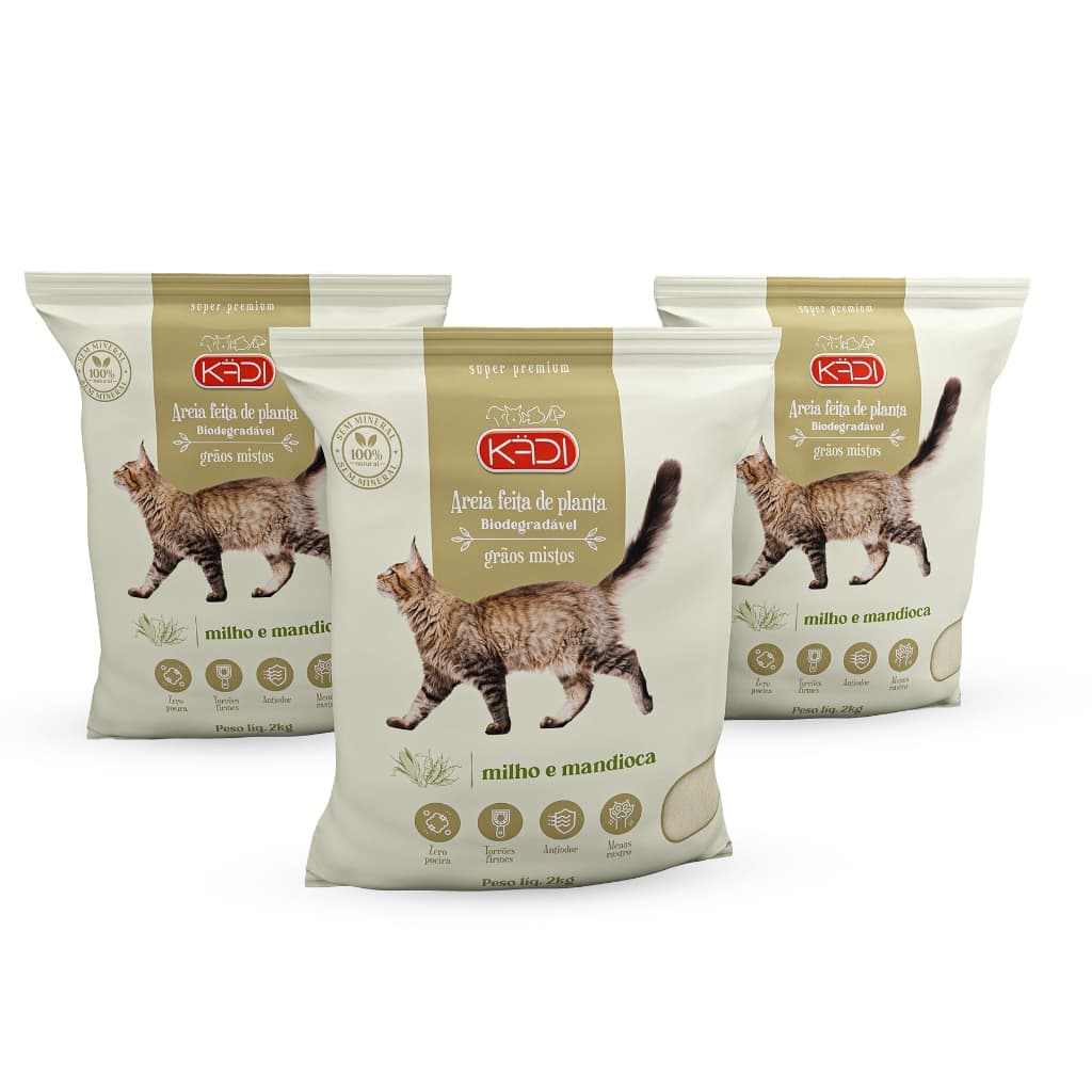 KIT 3UN AREIA HIGIÊNICA BIODEGRADÁVEL KADI PARA GATOS GRÃOS MISTOS 2KG