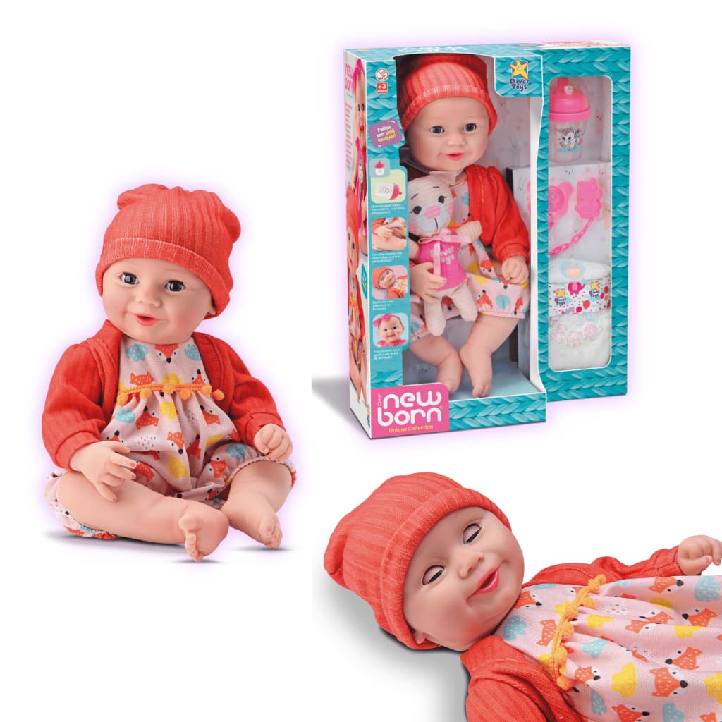 Boneca New Born Abre e Fecha Os Olhos Com Ursinho e Acessórios Reborn