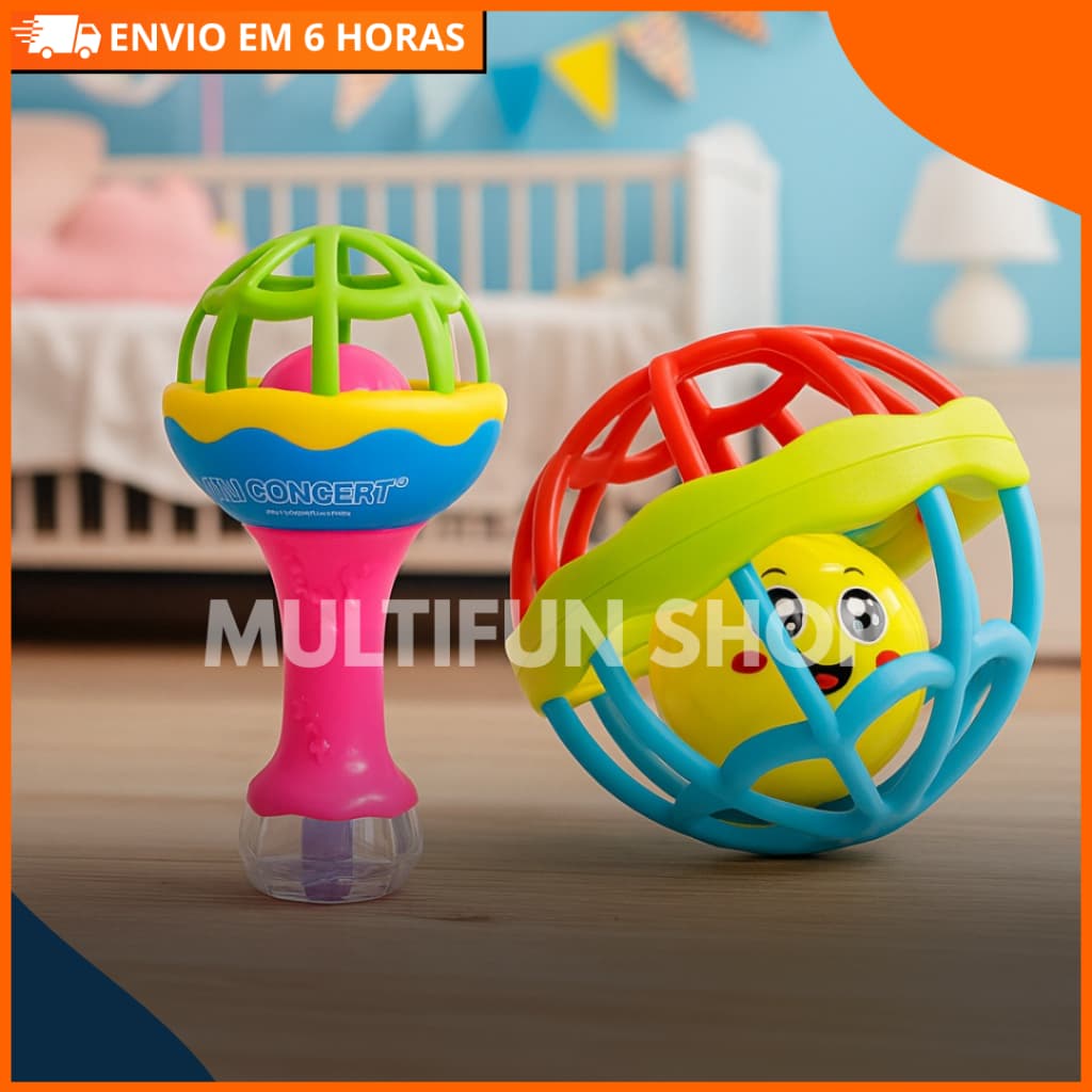 Kit Chocalho Mordedor Bebê em Silicone  Brinquedo Sensorial Educativo Colorido Divertido