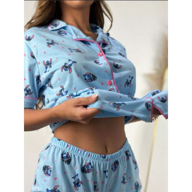 Pijama Americano Blogueirinha - Estampado do Stitch - Pijama Americano Confortável do Stitch - Pós Cirúrgico Amamentação